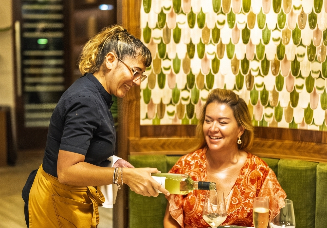 a woman pouring wine into a glass