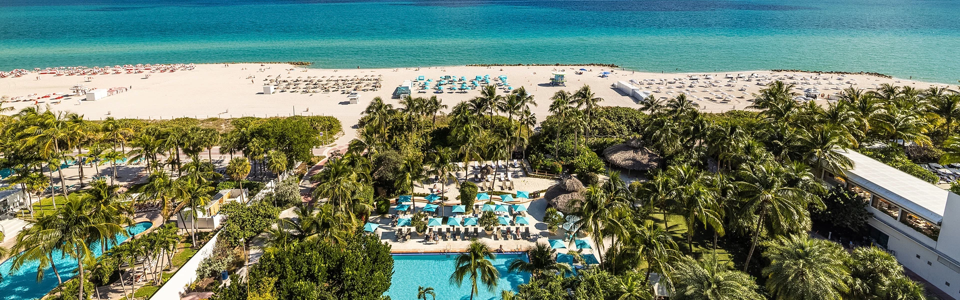 Aerial view of a beachfront resort with a pool, lounge chairs, and palm trees.