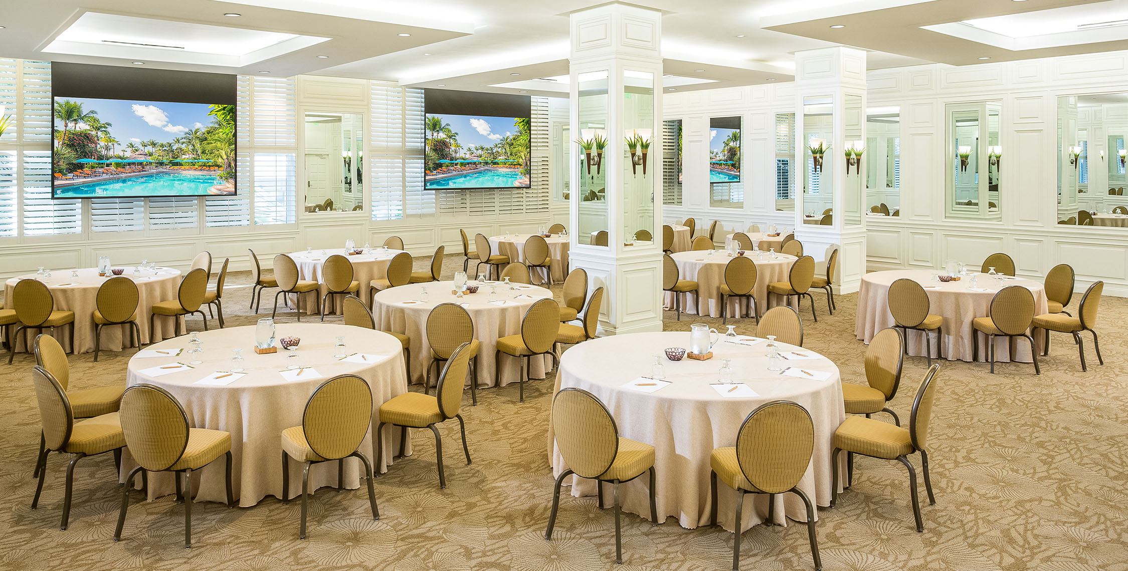 a room with tables and chairs