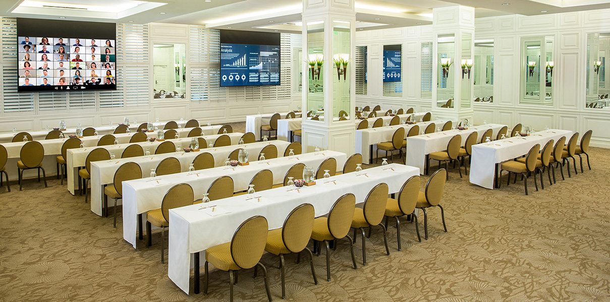 a room with tables and chairs