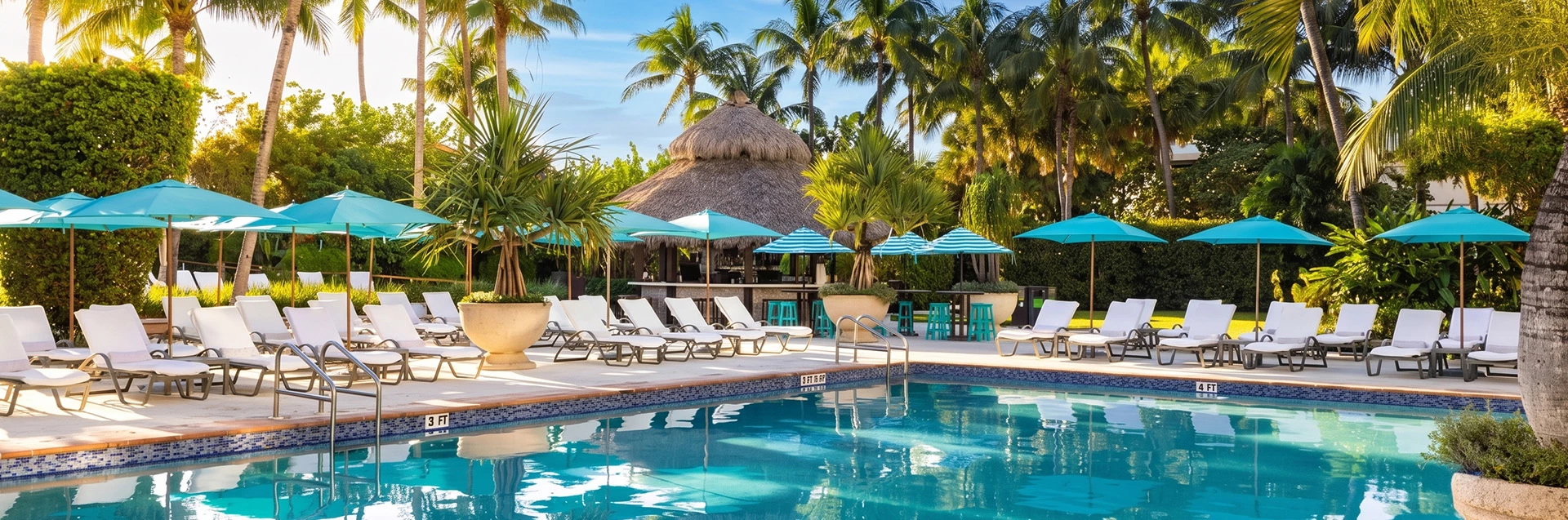 A resort-style pool with teal umbrellas, white lounge chairs, and palm trees in the background.
