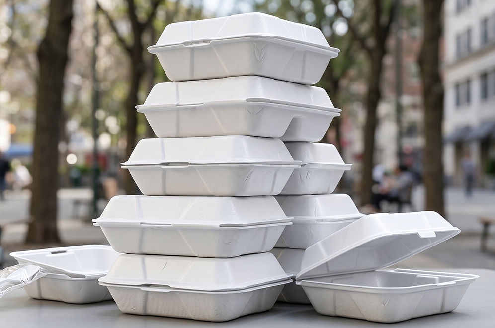 a stack of styrofoam food containers