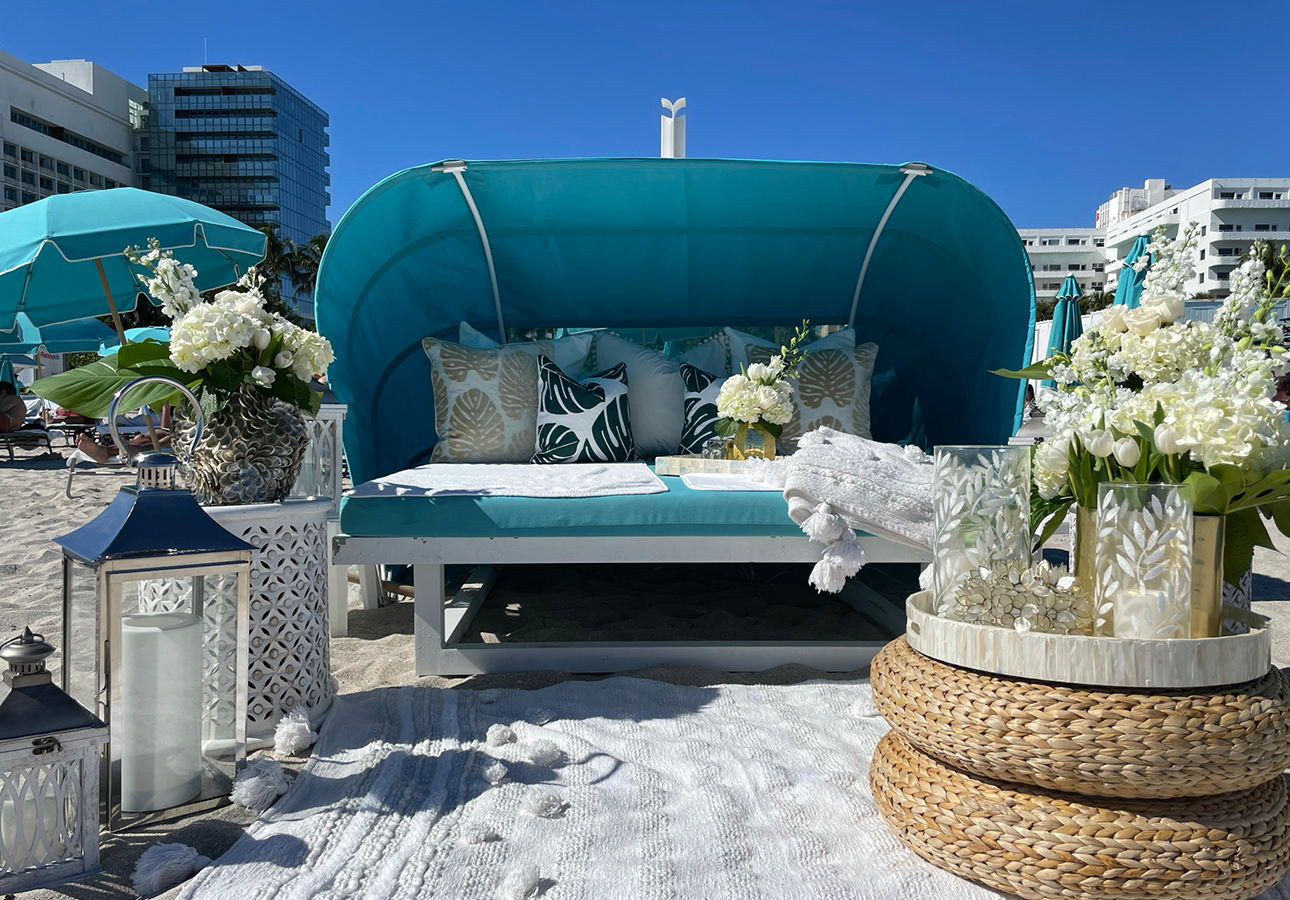 a blue and white outdoor furniture