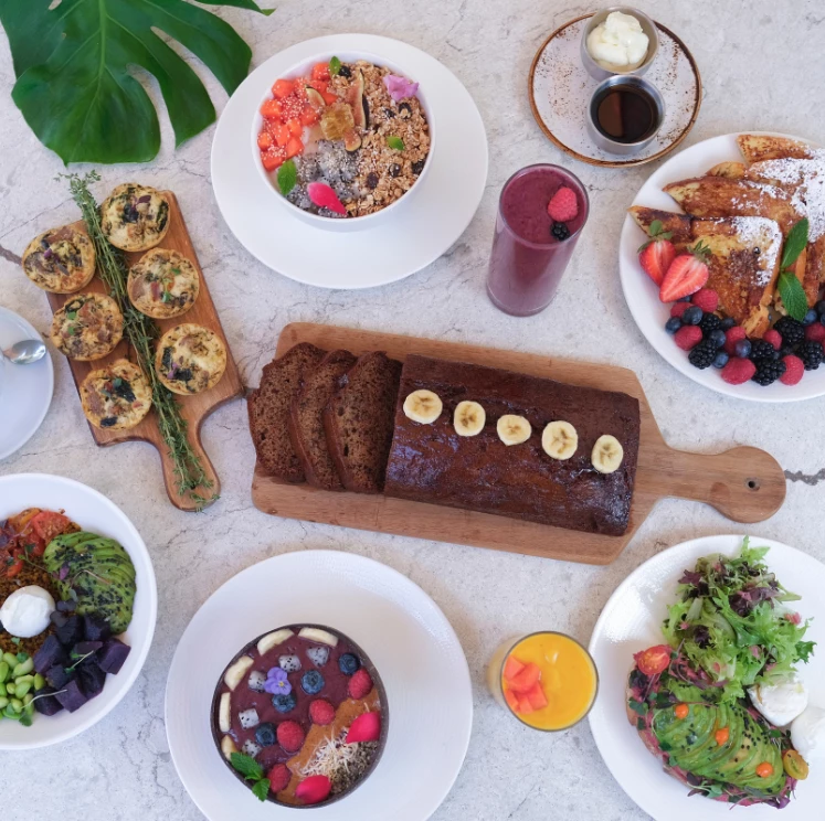 A spread of breakfast foods on a table