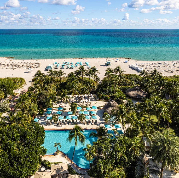 Aerial view of a beachfront resort with a large pool, lounge chairs, and palm trees.