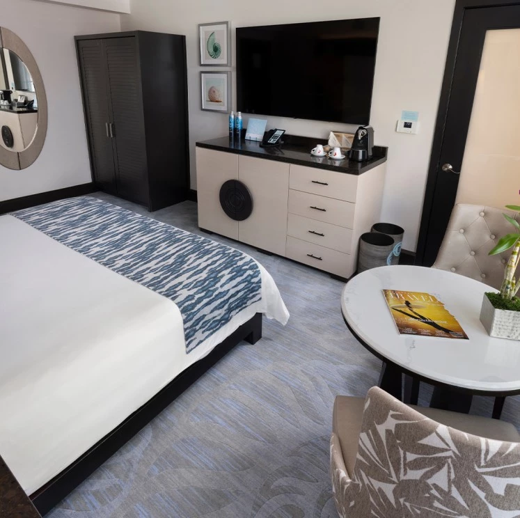 A hotel room with a bed, TV, table, and chair