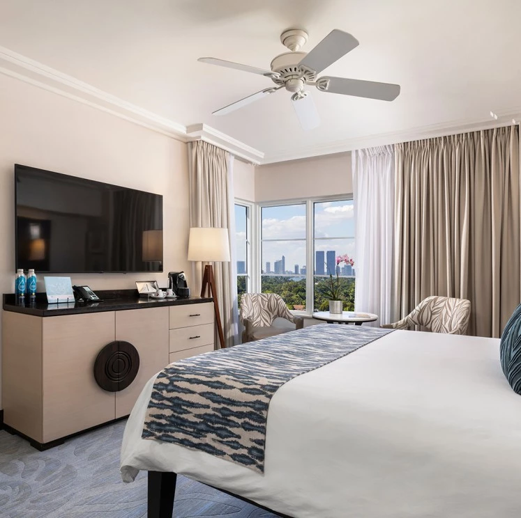 A hotel room with a double bed, city view, and modern amenities.