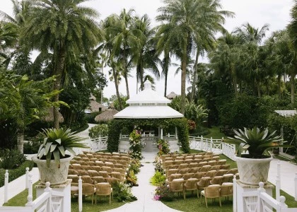 a wedding venue with chairs and trees