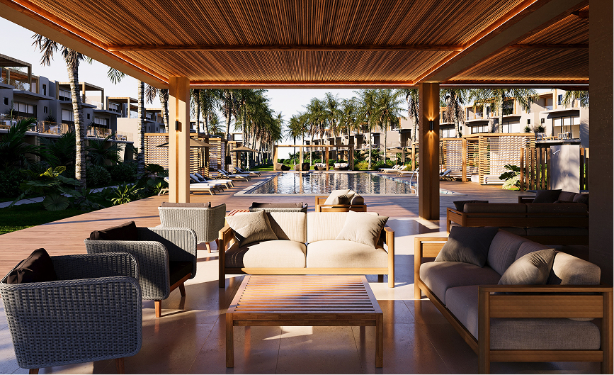 a pool with furniture and chairs