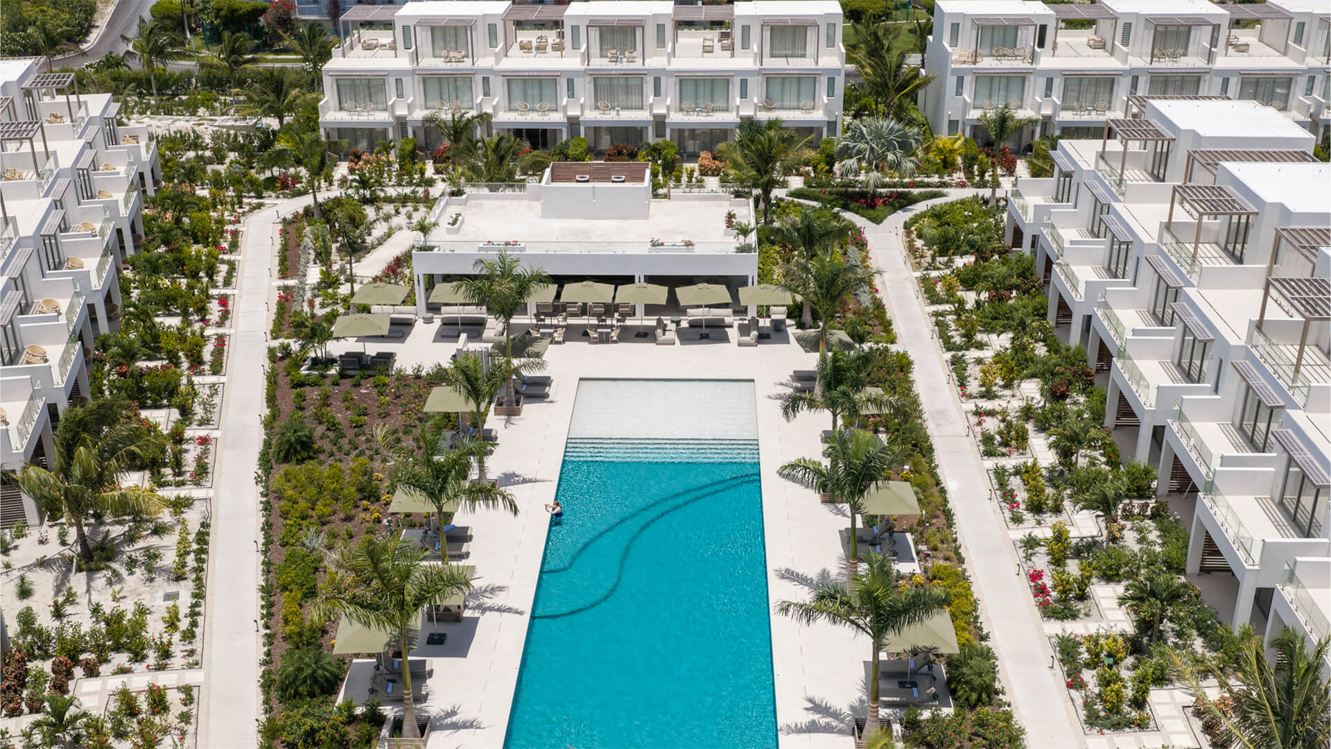 a swimming pool surrounded by buildings