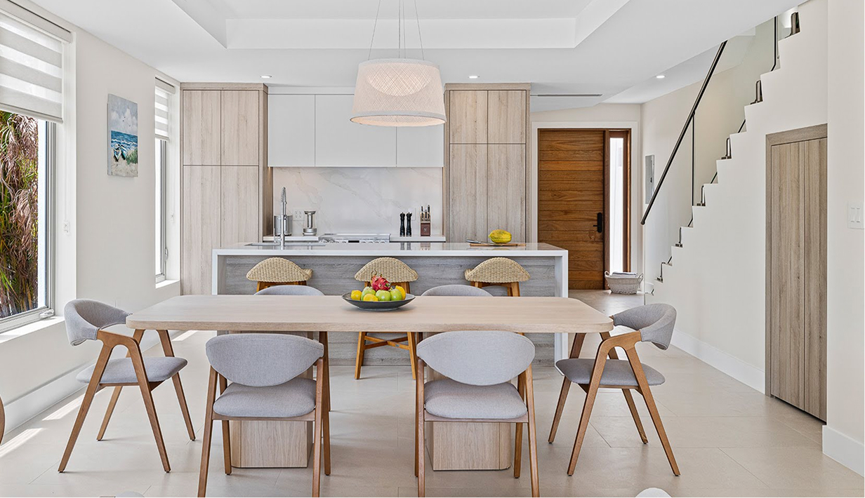 a dining table in a kitchen