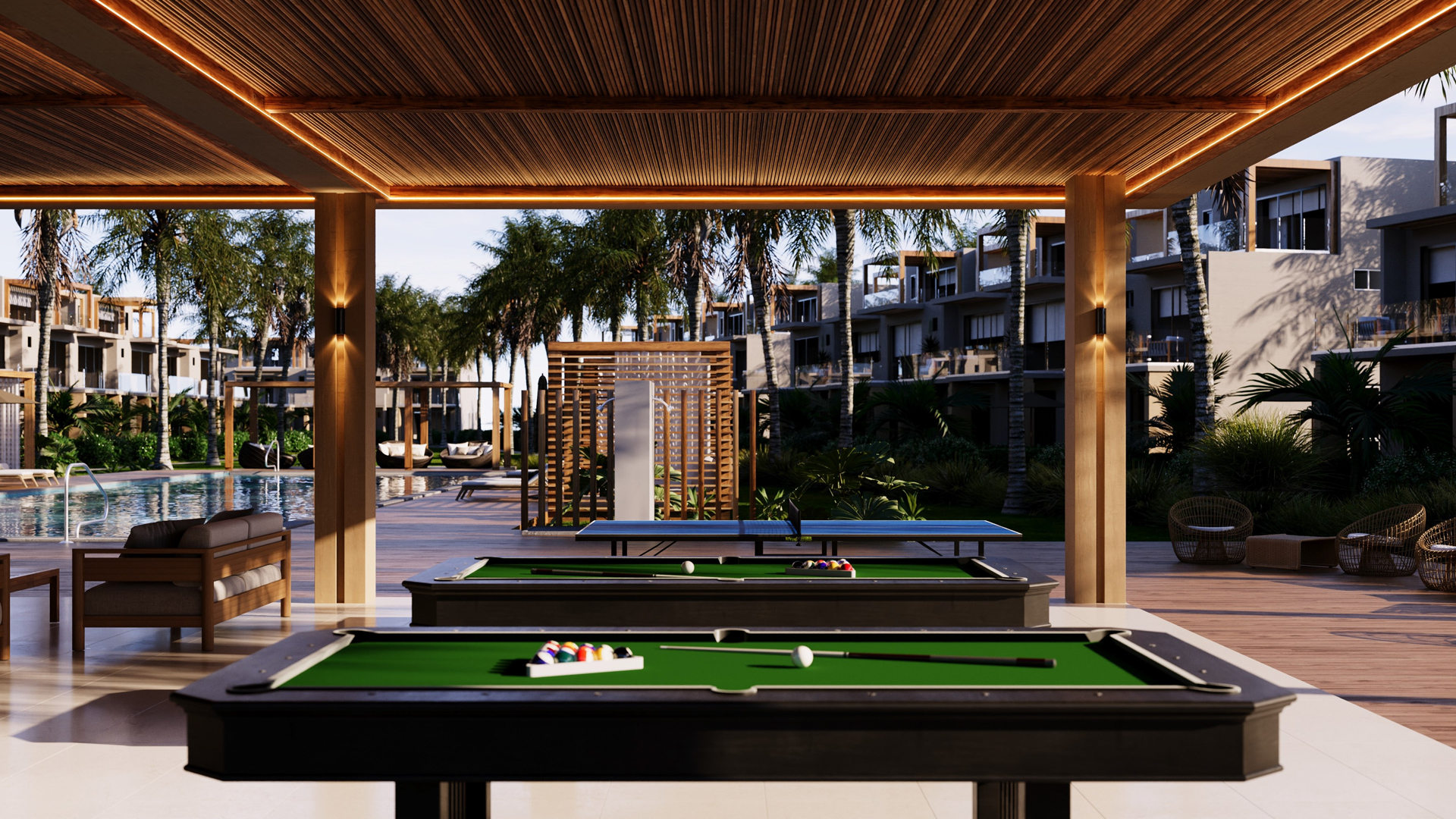 pool tables with pool balls and a pool table in a pool area