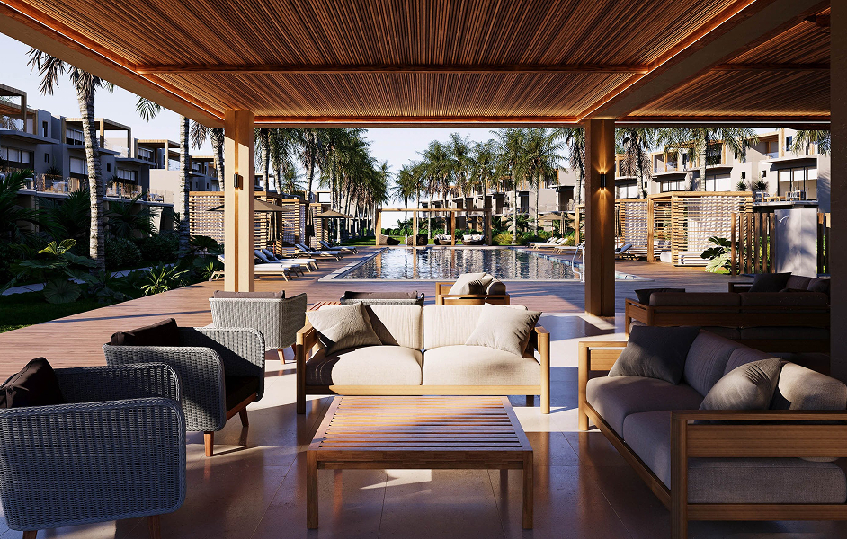 a pool with chairs and a couch