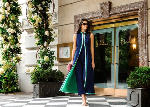 a woman in a blue dress