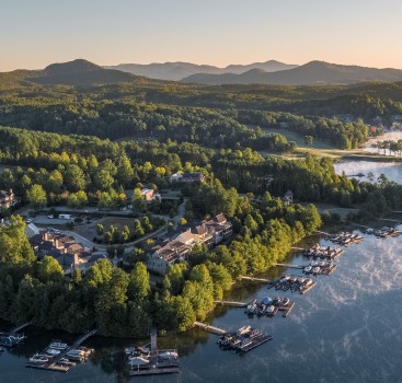 a aerial view of a lake with a group of houses and trees