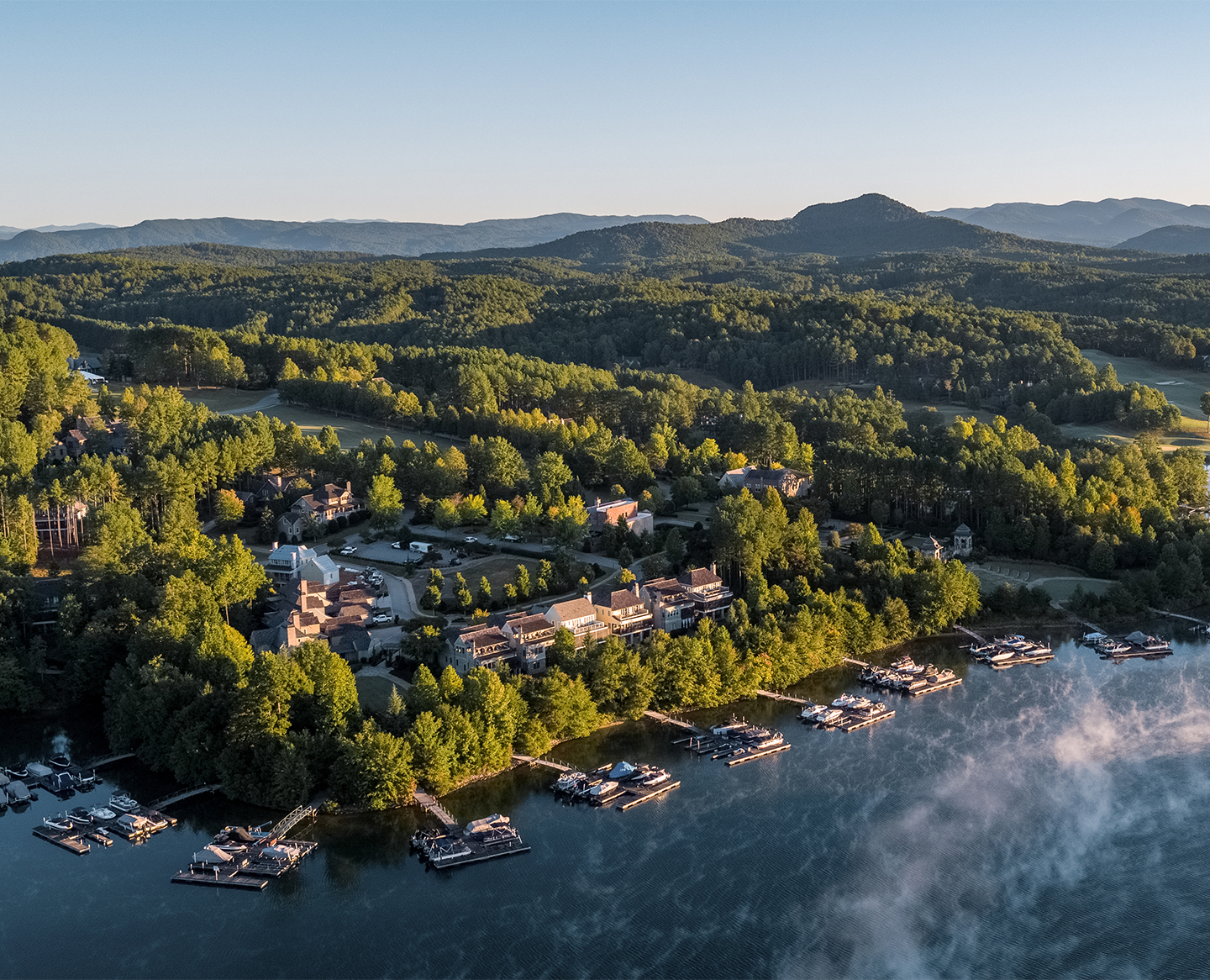 a aerial view of a lake with houses and trees