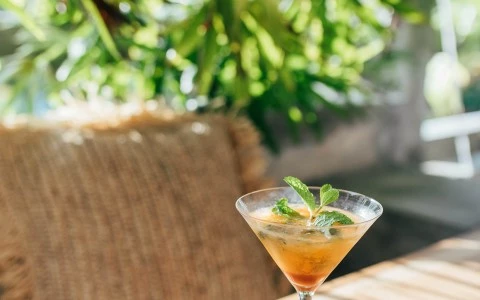 a glass of orange drink on a table