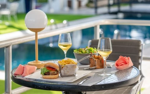 a table with food and drinks on it
