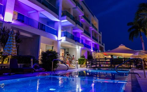 a pool in front of a building