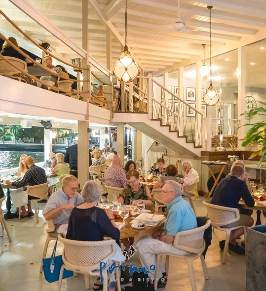 a group of people sitting at tables in a restaurant