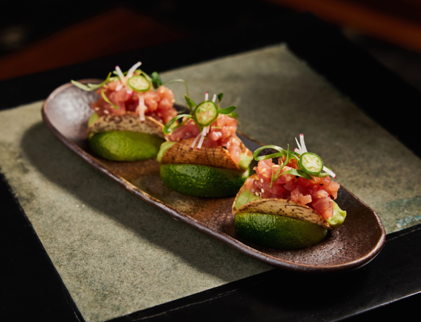 tuna tacos in a taro shell