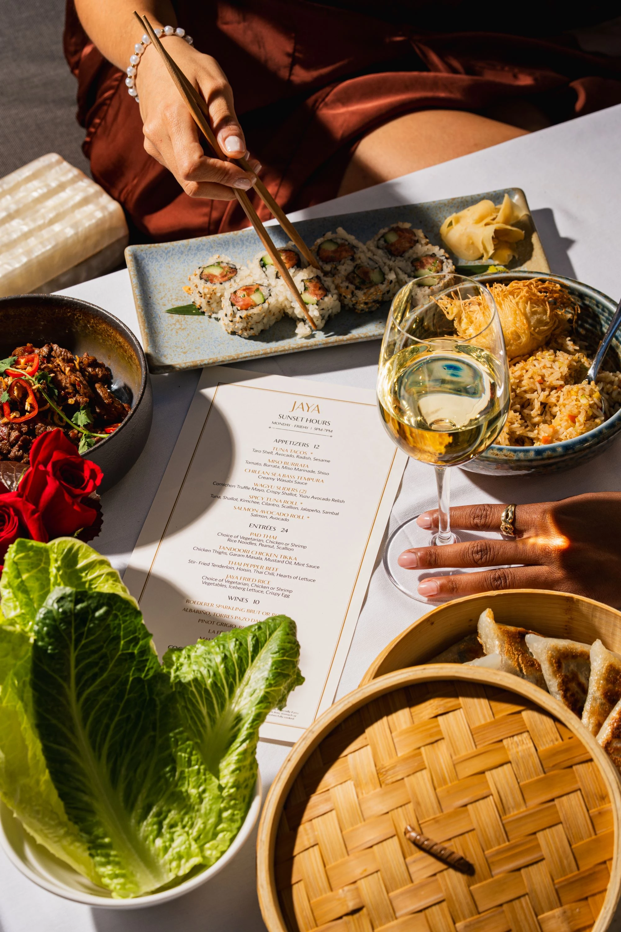 a table with food and drinks