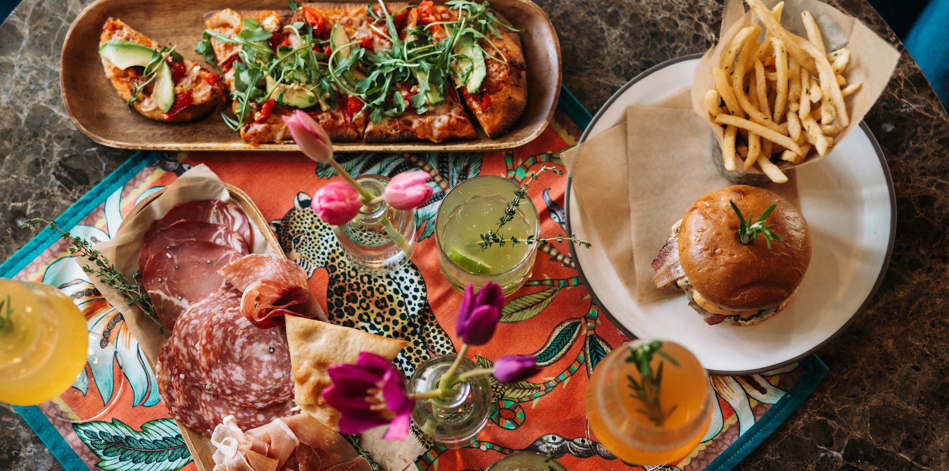 a table with food and drinks