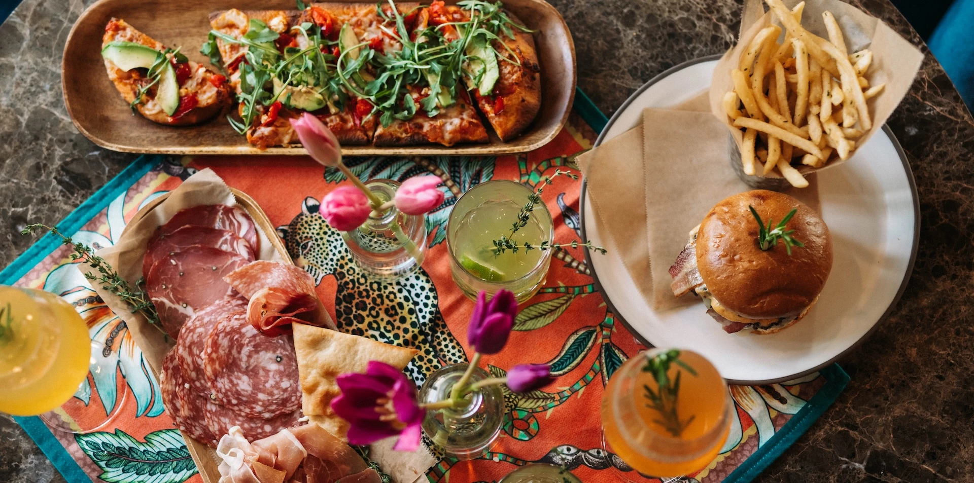 a table with food and drinks