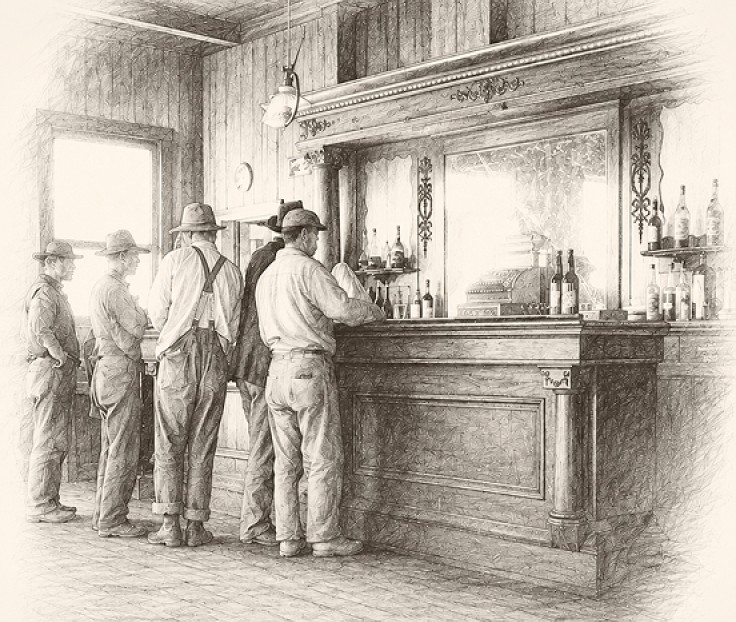 a group of men standing in a line at a bar