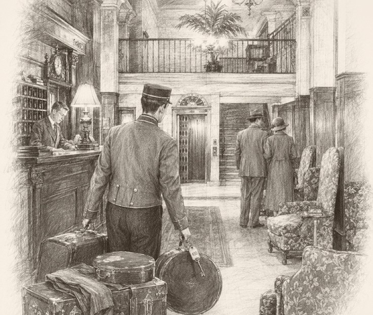 a drawing of a hotel lobby