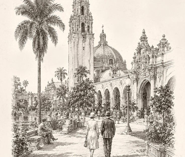 a drawing of a man and woman walking in a courtyard