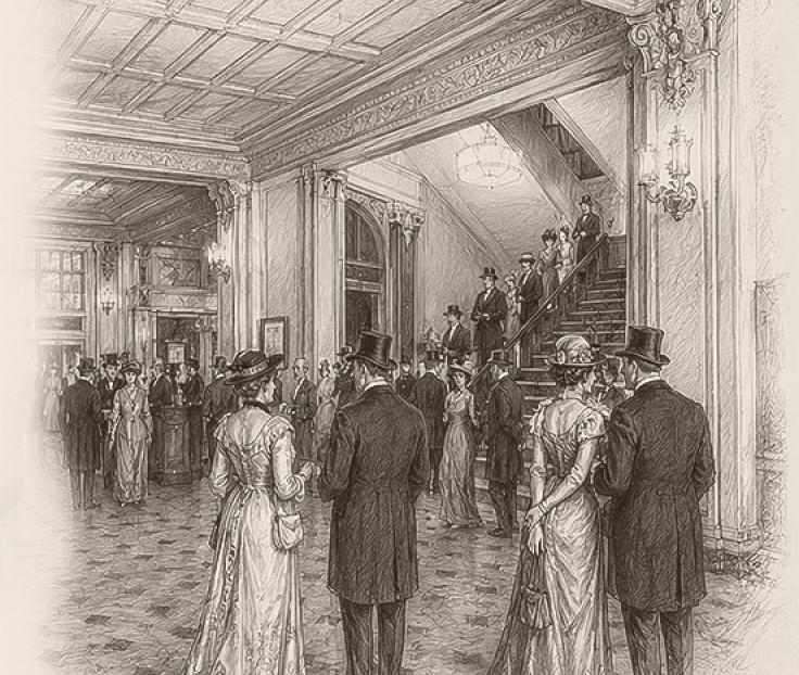 a group of people in formal attire standing in a hall