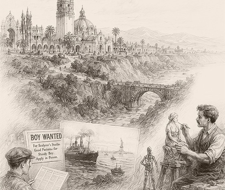 a man painting a statue in front of a castle