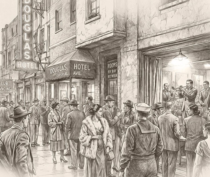 a group of people standing outside a hotel