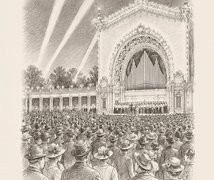 a group of people standing in front of a large building