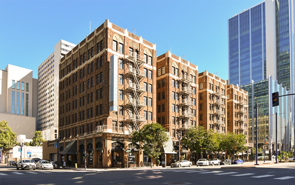 a building with many windows and stairs