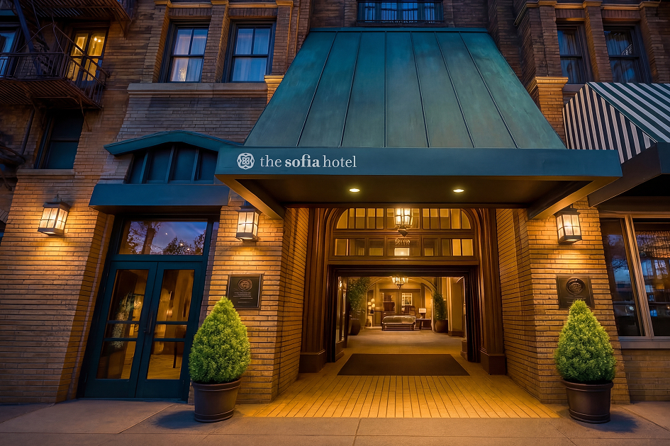 a building with a large awning