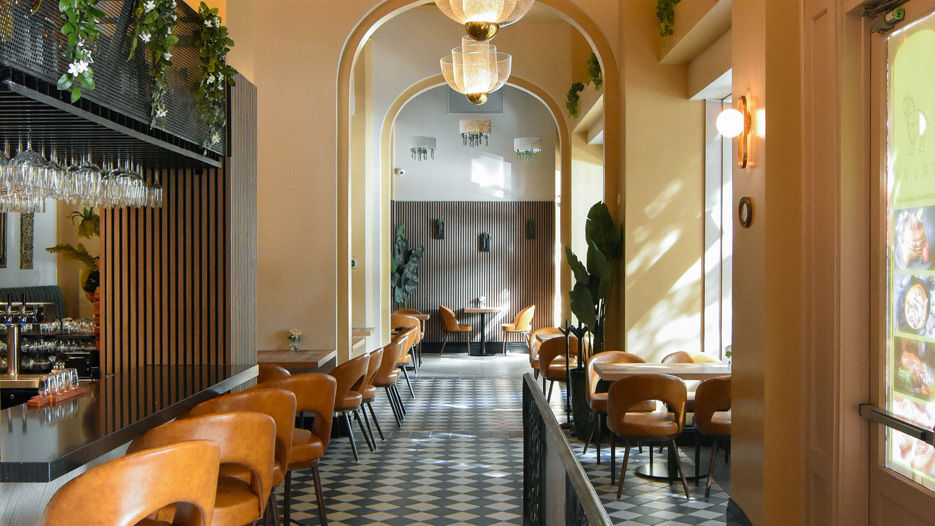 a room with tables and chairs
