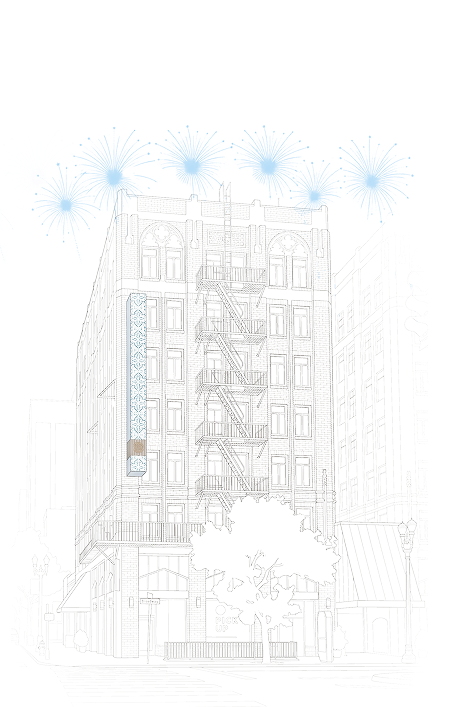 a drawing of a building with fireworks above it