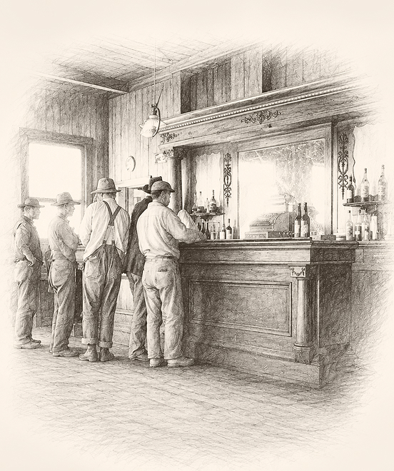 a group of men standing in a line at a bar