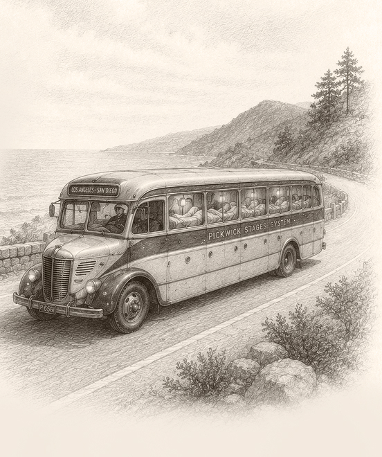 a drawing of a bus driving down a road