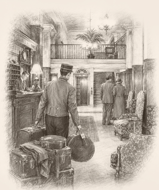 a drawing of a hotel lobby