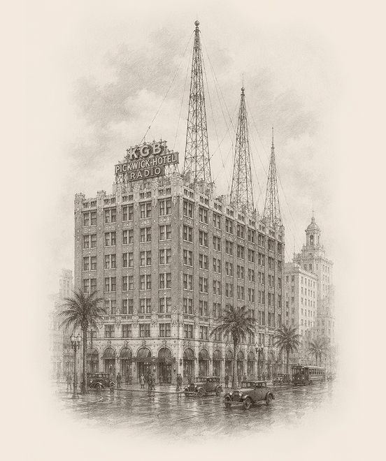 a building with palm trees and cars