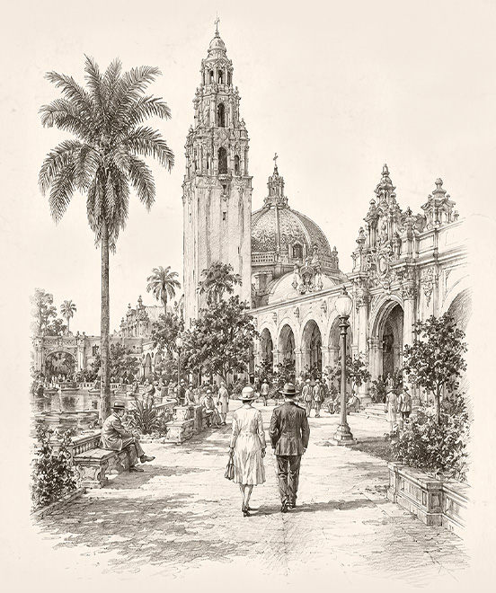 a drawing of a man and woman walking in a courtyard