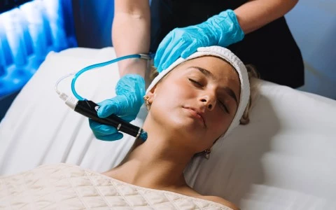 a woman lying down on a bed with a device on her head