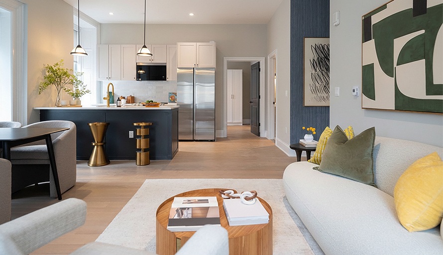 a living room with a kitchen and a couch