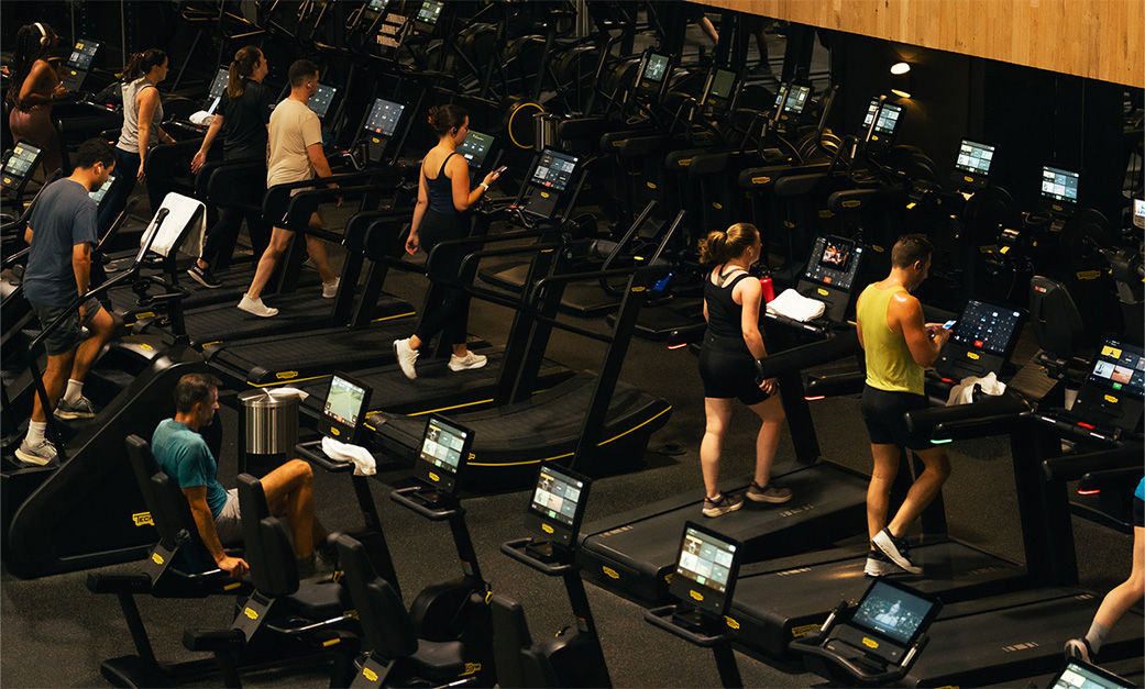 a group of people on treadmills in a gym