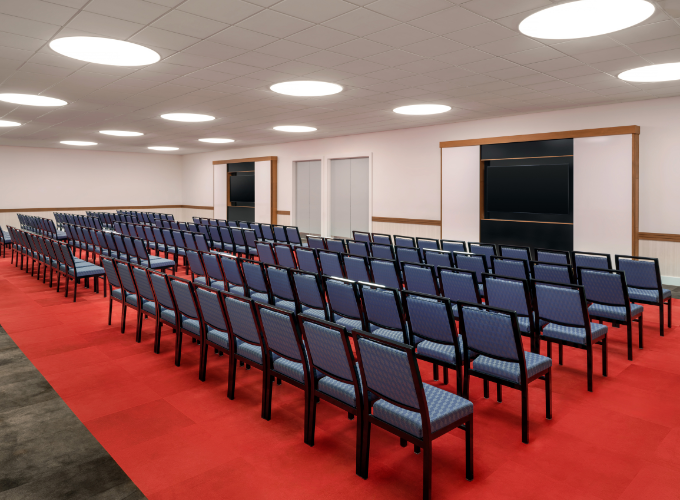 a room with rows of chairs