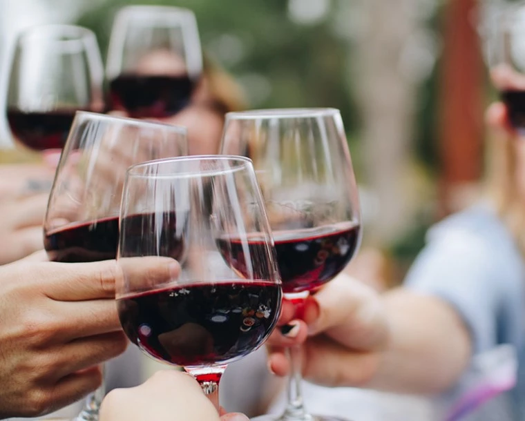view of people cheering glasses of red wine