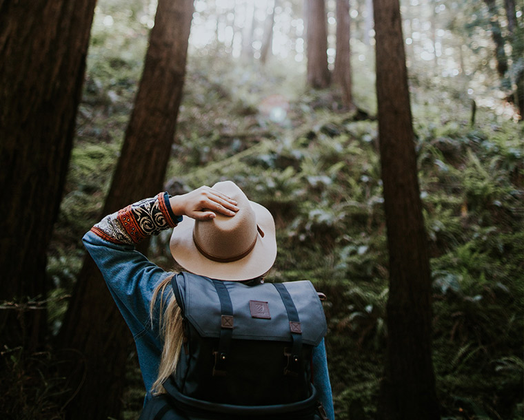 a woman in a hat wondering through a forest